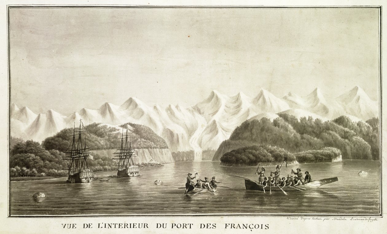 Le Port des Francais, Alaska, z „Voyage de La Perouse”, lipiec 1786 (pióro i tusz i pranie na papierze) (patrz także 169018) autorstwa Lieutenant Blondela