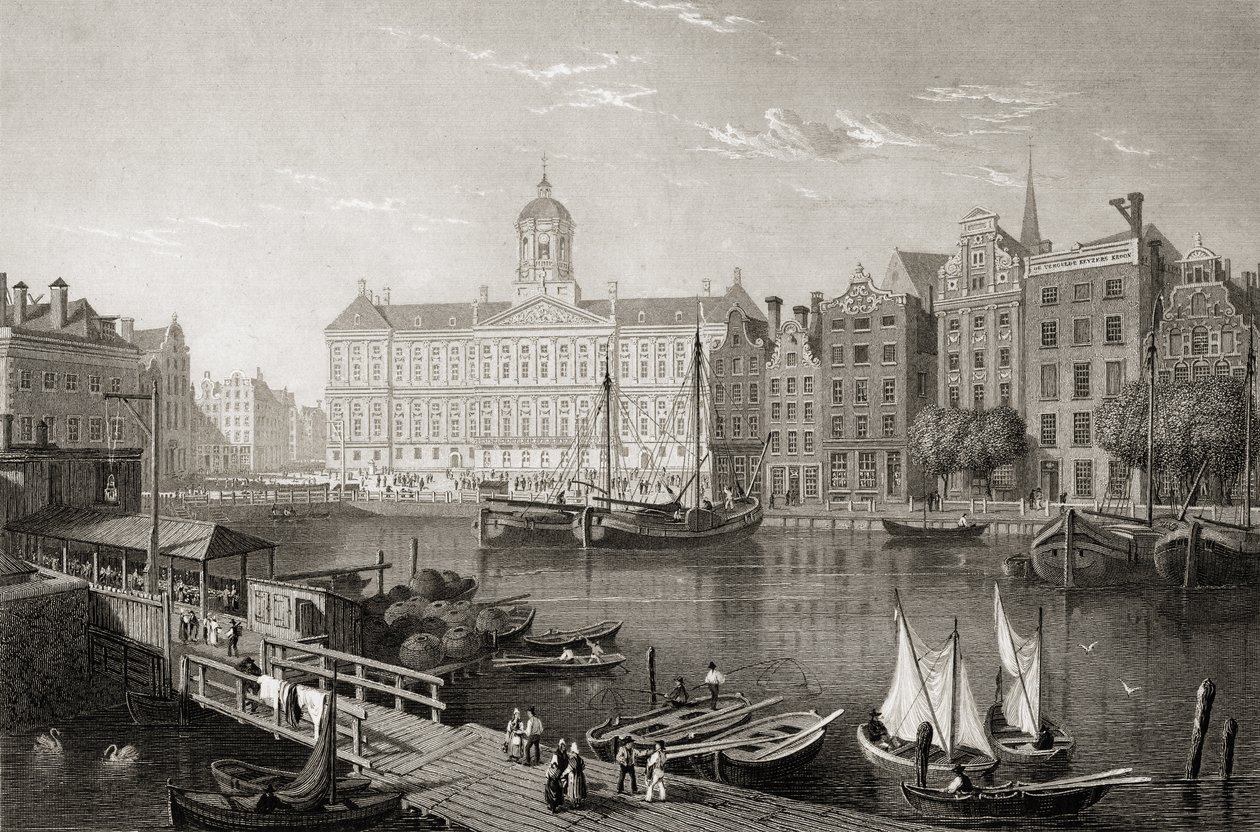 Pałac Damrak, Amsterdam, z „Wybrane widoki niektórych głównych miast Europy”, ryty przez R. Brandarda, opublikowany w Londynie, 1832 autorstwa Lieutenant Colonel Batty