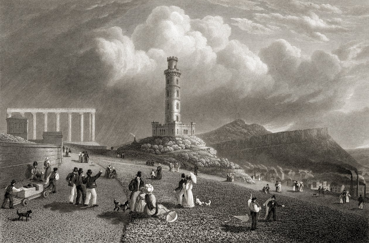 Pomnik Nelsona, Calton Hill, Edynburg, z „Wybrane widoki głównych miast Europy” rytowany przez Kernota, opublikowany w Londynie, 1832 autorstwa Lieutenant Colonel Batty