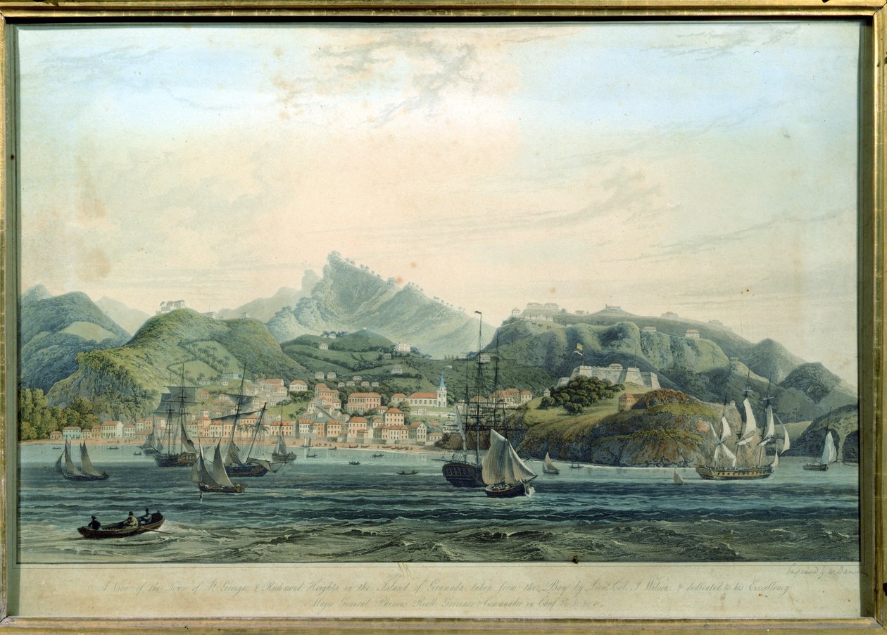 Widok miasta St. George i Richmond Heights na wyspie Grenada, sztychowane przez Williama Daniella 1769-1837, c.1810 grawer autorstwa Lieutenant Colonel J. Wilson