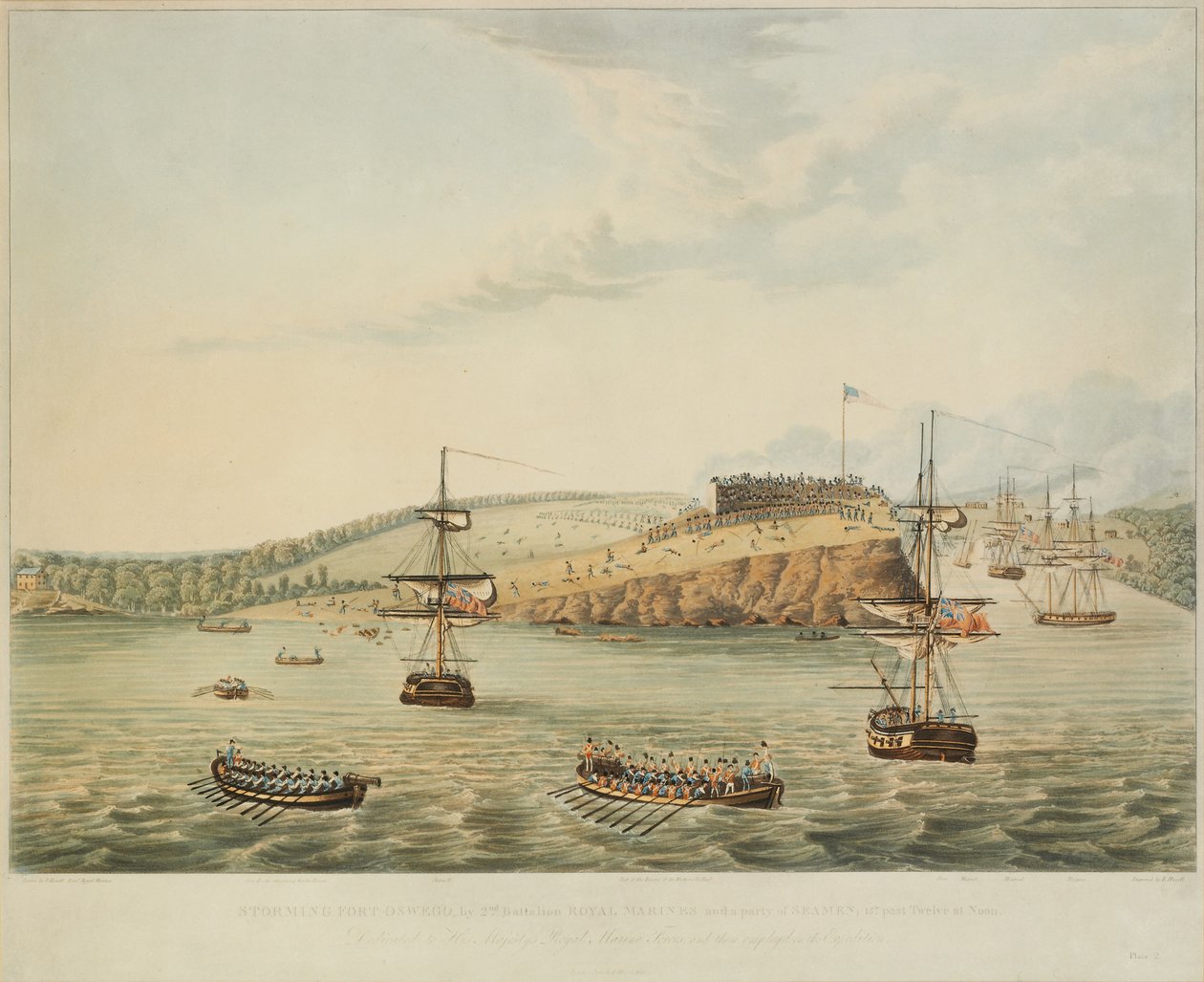 Atak na Fort Oswego, Jezioro Ontario, Ameryka Północna. 6 maja 1814, południe i Storming Fort Oswego przez drugi batalion Royal Marines i grupę marynarzy, 15 metrów po dwunastej w południe, grawerowane przez R. Havell, 1815 autorstwa Lieutenant J. Hewitt