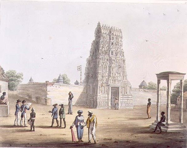Pagoda w Strupermador, tablica 23 z „Pejzaż malarski w Królestwie Mysore”, sztych. H. Merke (fl.1800-20) wyd. Edward Orme (1774-c.1820) 1804 (akwatinta) autorstwa Lieutenant James (after) Hunter
