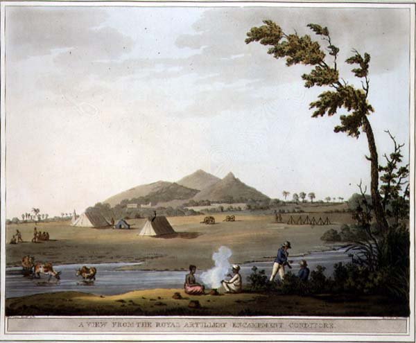 Widok z Królewskiego Obozu Artylerii, Conditore, tablica 37 z „Malownicza sceneria w Królestwie Mysore”, rycina Harraden, wyd. Edward Orme (1774-c.1820) 1804 (akwatinta) autorstwa Lieutenant James (after) Hunter
