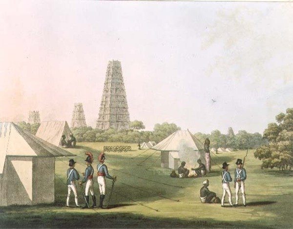 Widok z Królewskiego Obozu Artylerii, Conjeveram, tablica 36 z „Malownicza sceneria w Królestwie Mysore”, rycina H. Merke (fl.1800-20) wyd. Edward Orme (1774-c.1820) 1805 (akwatinta) autorstwa Lieutenant James (after) Hunter