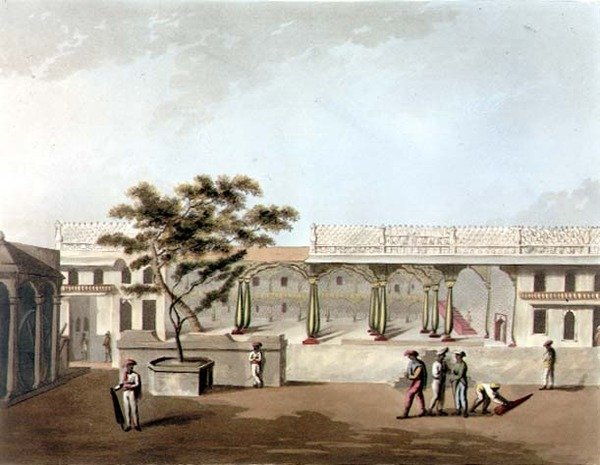 Front północny Pałacu Tippoo, Bangalore, tablica 9 z „Pejzaż malarski w Królestwie Mysore”, ryt. H. Merke (fl.1800-20) wyd. Edwarda Orme (1774-c.1820) autorstwa Lieutenant James (after) Hunter