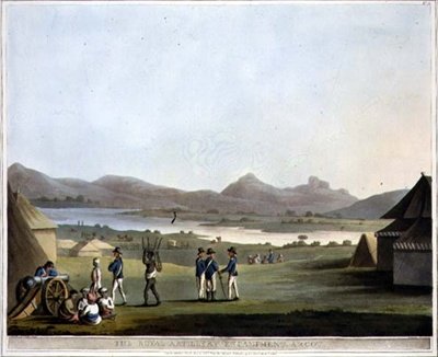 The Royal Artillery Encampment, Arcot, tablica 21 z "Picturesque Scenery in the Kingdom of Mysore", rytowane przez Harradena, opublikowane przez Edwarda Orme