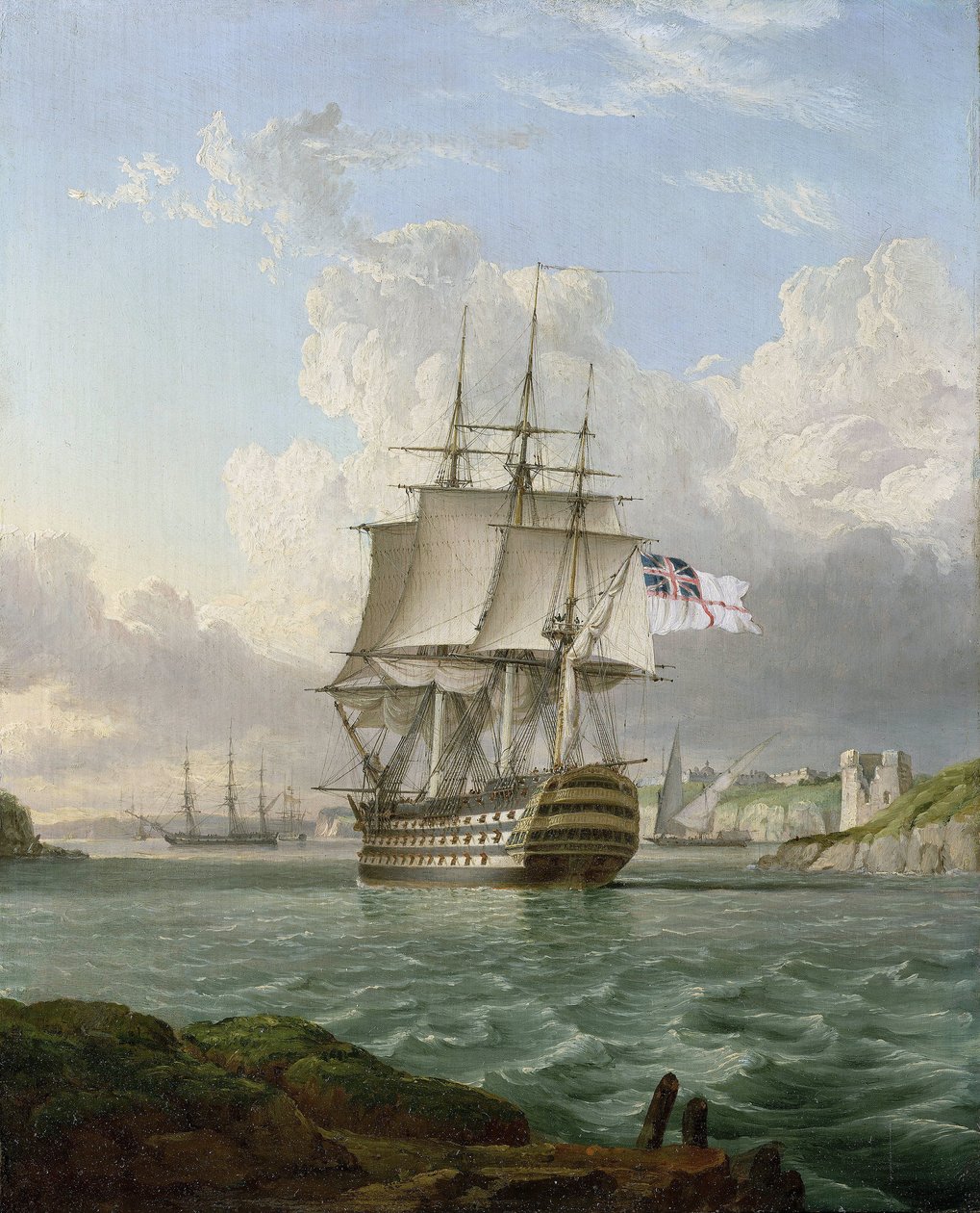 HMS "Britannia", okręt o 120 działach, zbudowany w 1820 r., opuszczający port na Morzu Śródziemnym, prawdopodobnie Maltę autorstwa Lieutenant Robert Strickland Thomas