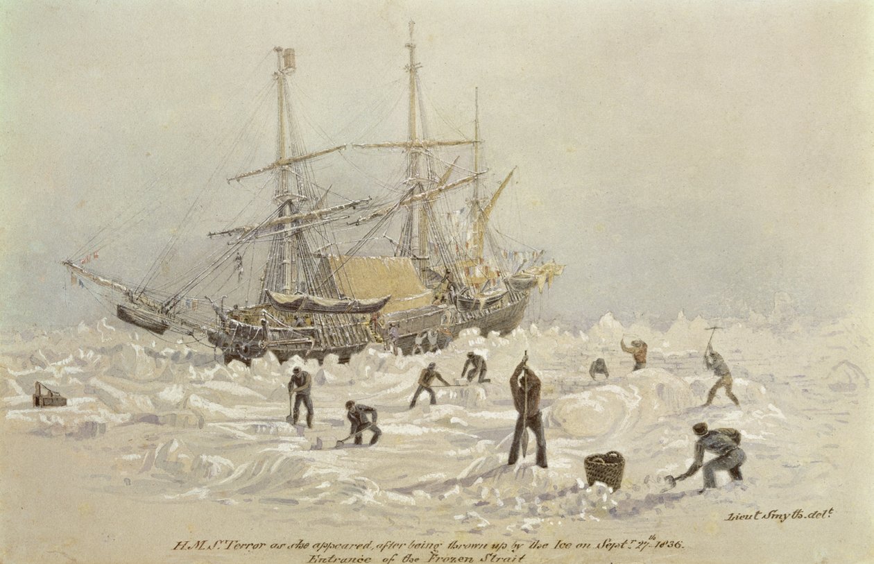 Incydenty podczas podróży handlowej: HMS Terror, gdy pojawiła się po tym, jak została wyrzucona przez lód w Frozen Channel, 27 września 1836 autorstwa Lieutenant Smyth