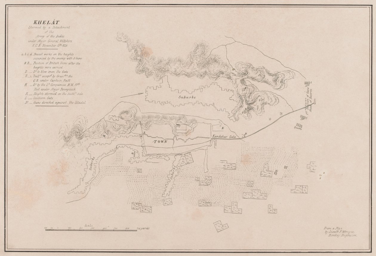 „Szkic twierdzy Ghuznee. Wzięte przez burzę 23 lipca 1839” (lito) autorstwa Lieutenant Thomas (after) Wingate