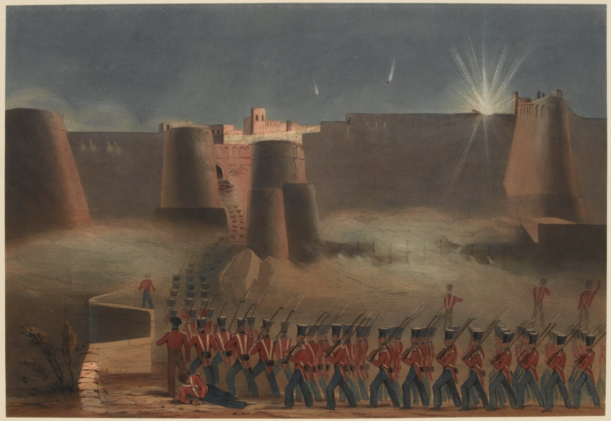 „Szturm na Ghuznee. Wejście Kolumny Szturmowej do Twierdzy, 23 lipca 1839 (kolor lito) autorstwa Lieutenant Thomas (after) Wingate