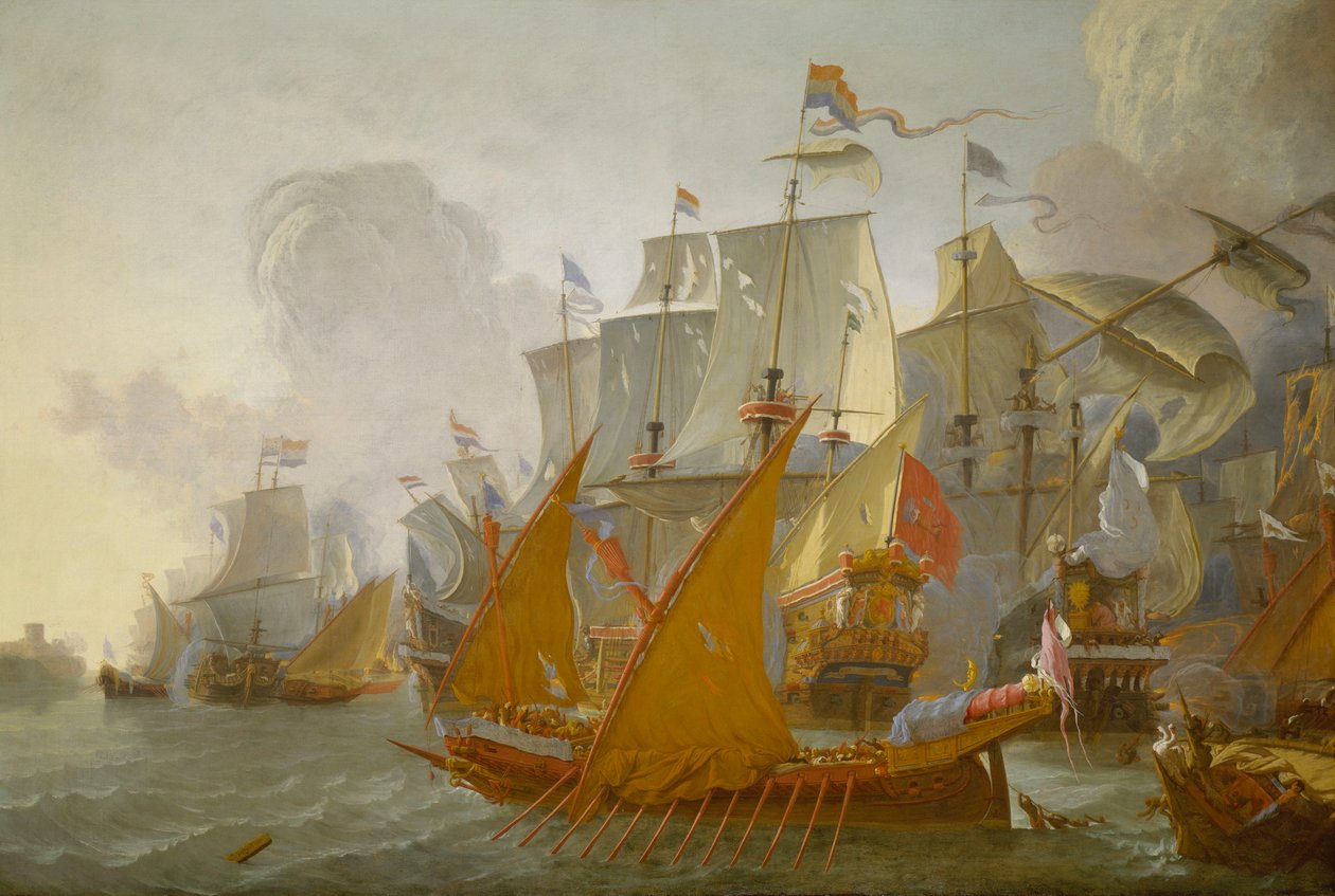 Akcja między holenderską flotą a piratami barbarzyńskimi, ok. 1670 r. (obraz olejny) autorstwa Lieve Verschuier