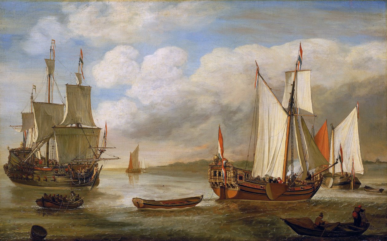 Różnorodne holenderskie łodzie: żaglówki, statki i barki. Olej na płótnie autorstwa Lieve Pietersz Verschuier (1630-1686). autorstwa Lieve Verschuier