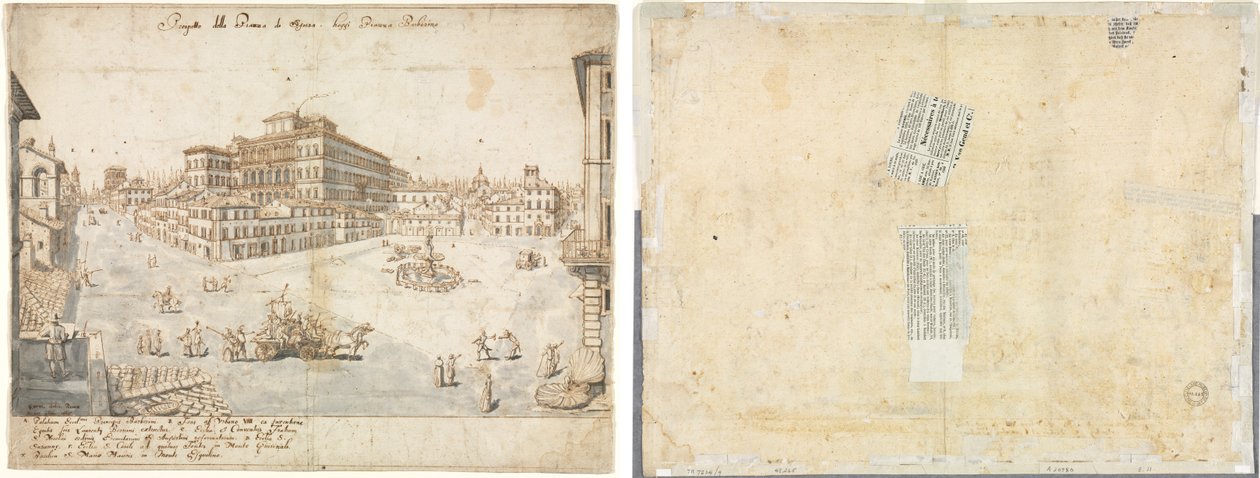 Osiemnaście widoków Rzymu: Piazza Barberini (recto); Trasa fontanny z prostokąta i szkice dwóch twarzy (verso) autorstwa Lievin Cruyl