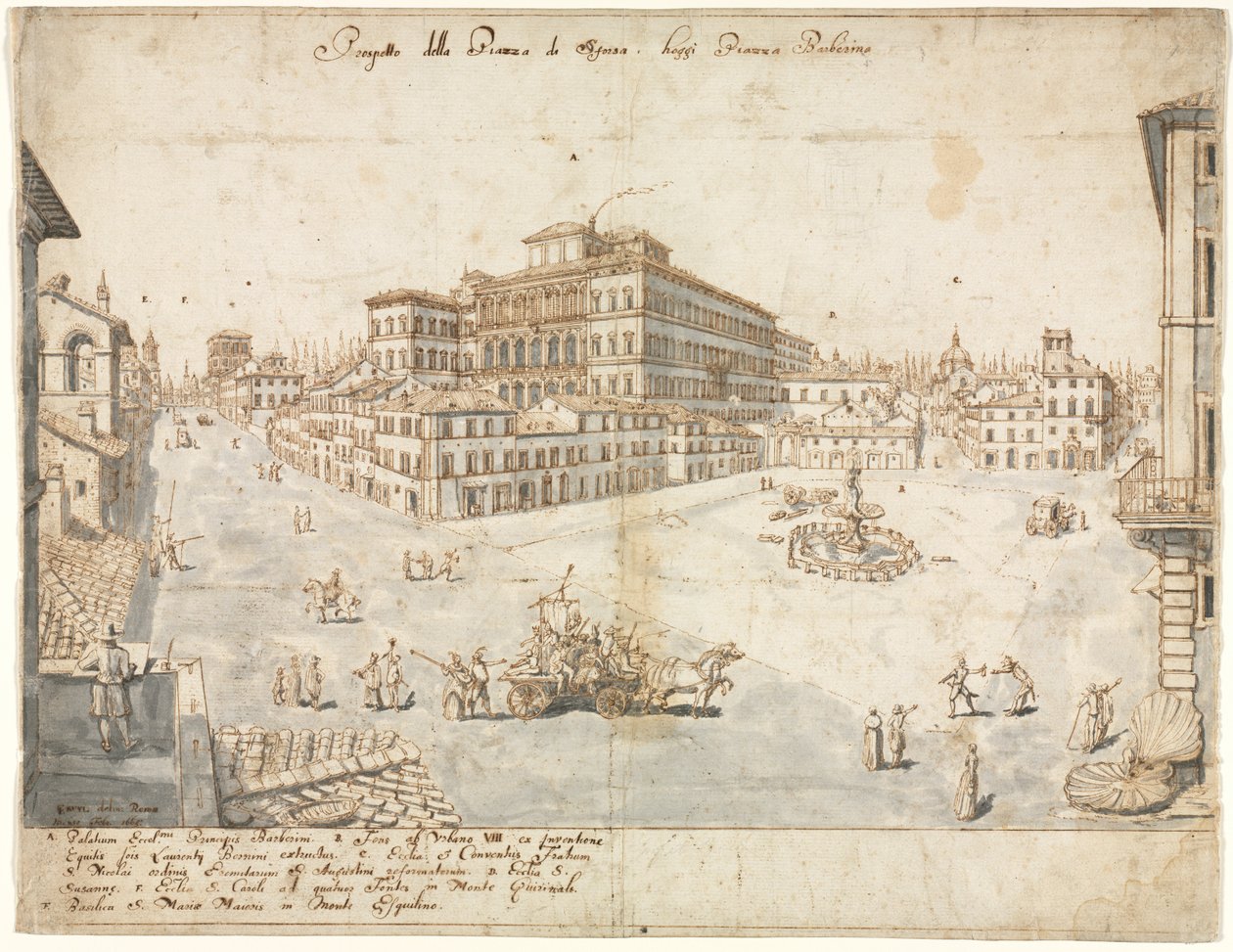 Osiemnaście widoków Rzymu: Piazza Barberini recto..., 1665. autorstwa Lievin Cruyl
