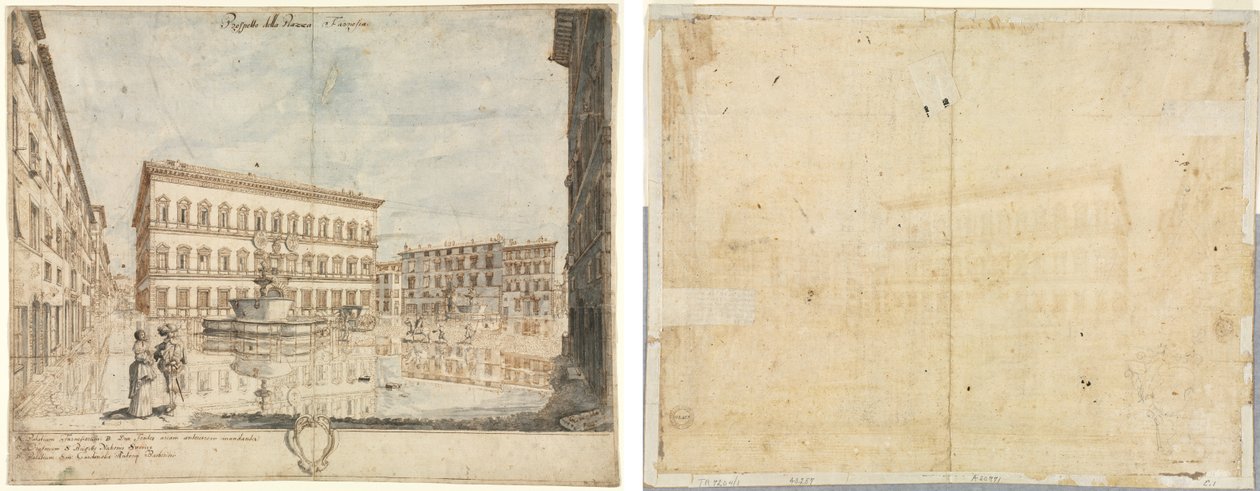 Osiemnaście widoków Rzymu: Piazza Farnese (recto); Kartusz (verso) autorstwa Lievin Cruyl