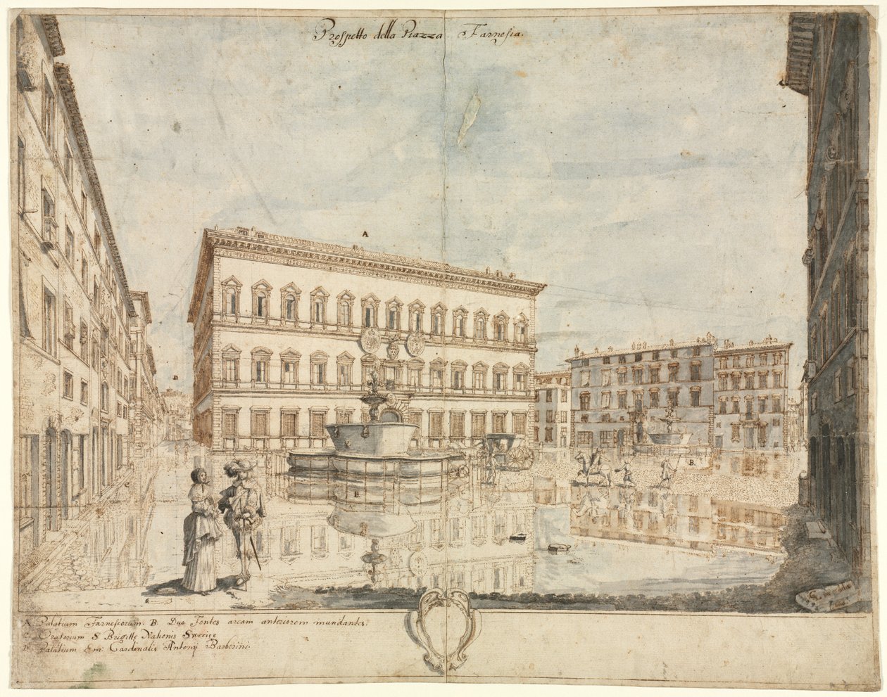 Osiemnaście widoków Rzymu: Piazza Farnese recto, 1664. autorstwa Lievin Cruyl