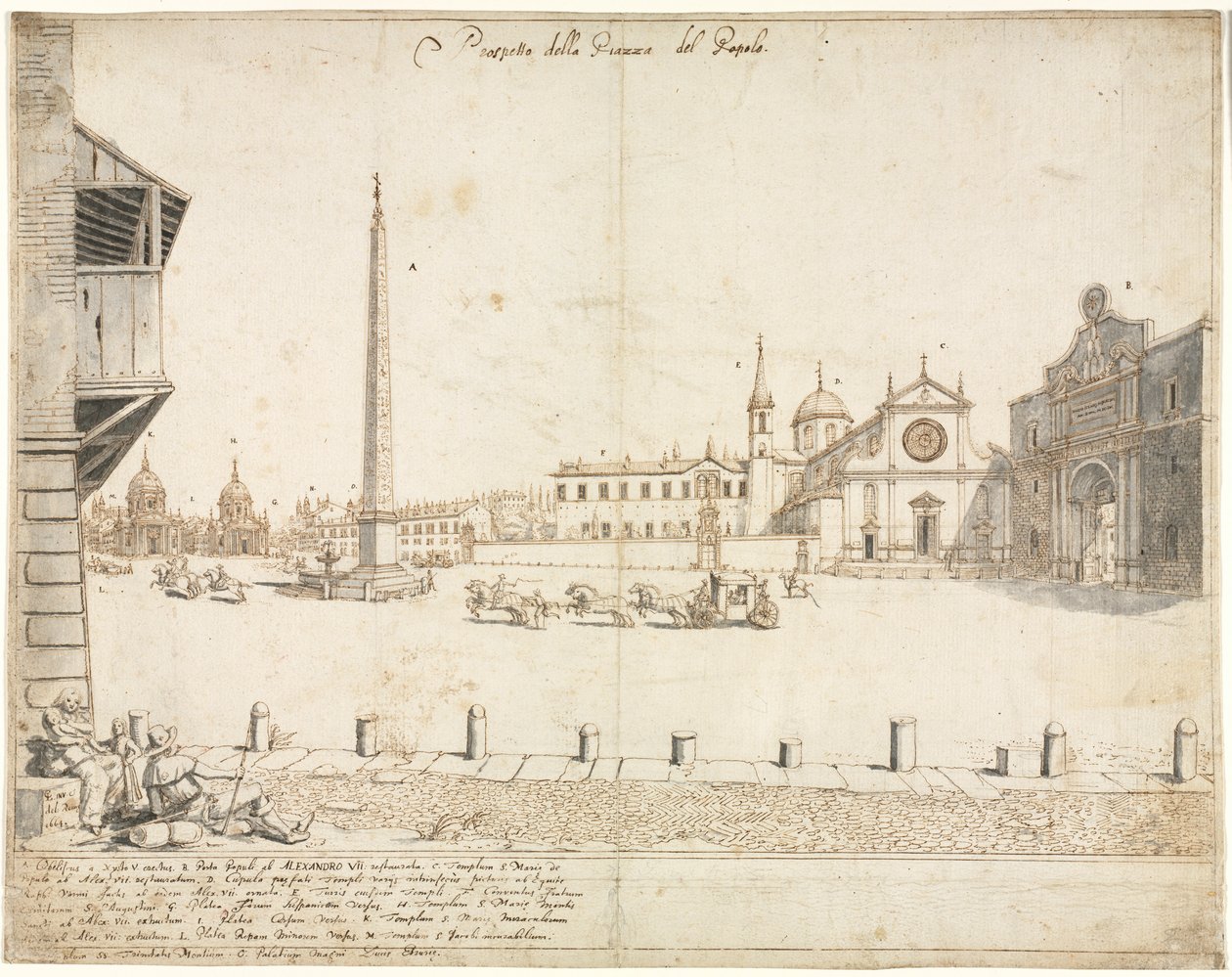 Osiemnaście widoków Rzymu: Piazza del Popolo (recto) autorstwa Lievin Cruyl