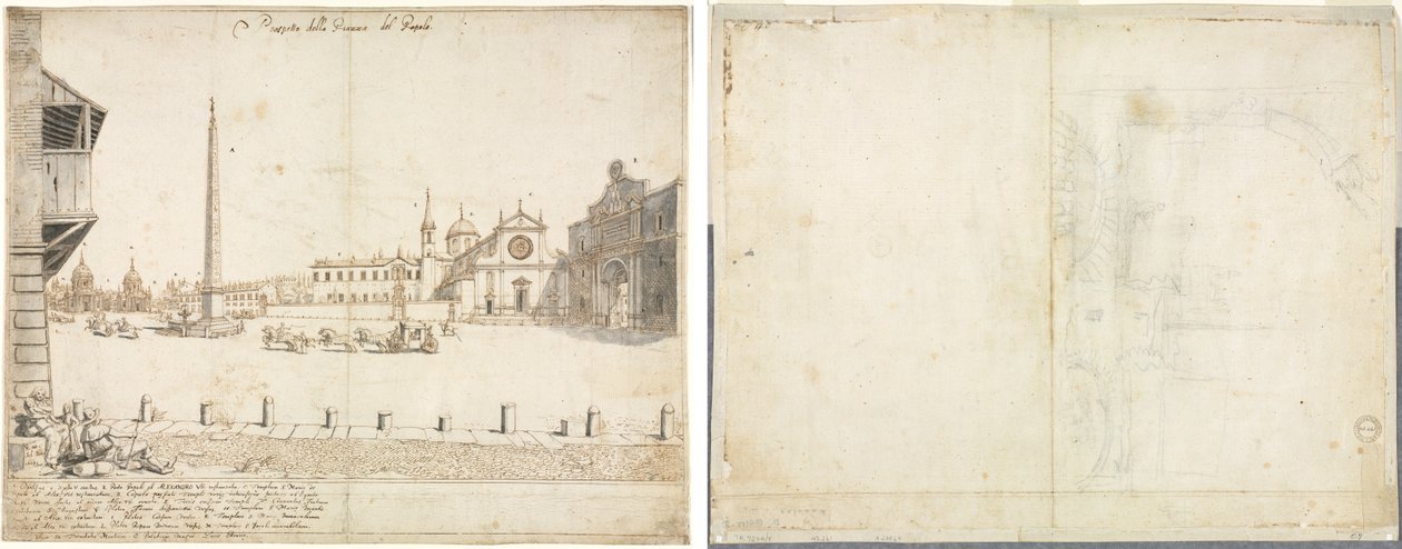 Osiemnaście widoków Rzymu: Piazza del Popolo (recto); Szkic do San Giovanni in Laterano (verso) autorstwa Lievin Cruyl