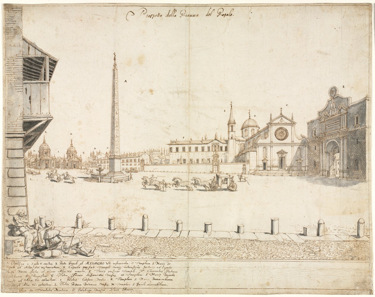 Osiemnaście widoków Rzymu: Piazza del Popolo recto, 1664. autorstwa Lievin Cruyl