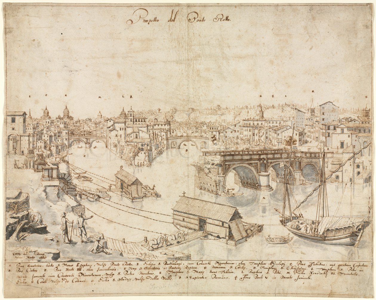 Osiemnaście widoków Rzymu: Ponte Rotto, 1665. autorstwa Lievin Cruyl