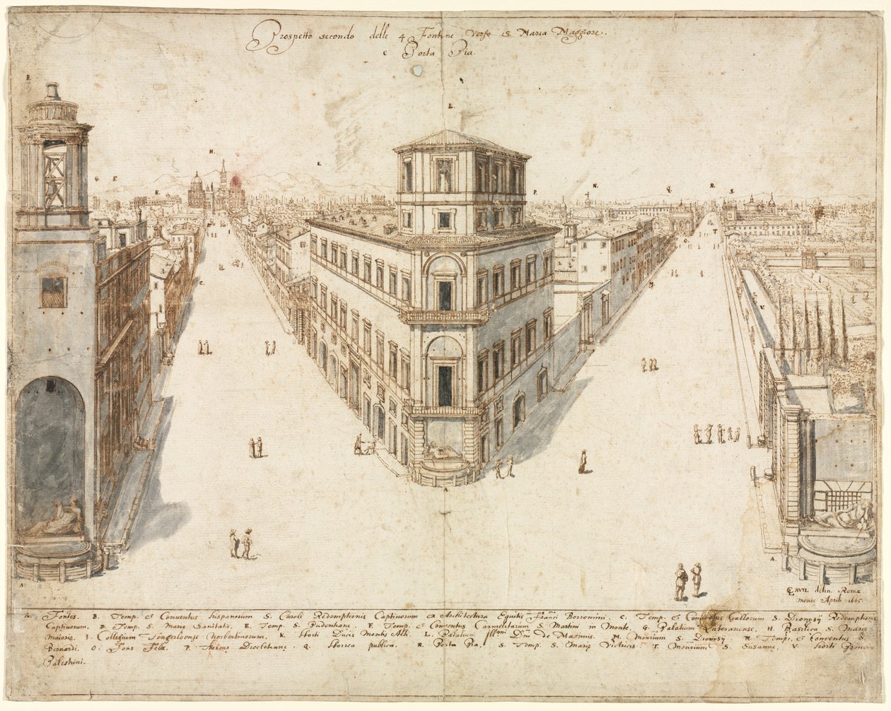 Osiemnaście widoków Rzymu: Quattro Fontane w kierunku Santa Maria Maggiore autorstwa Lievin Cruyl