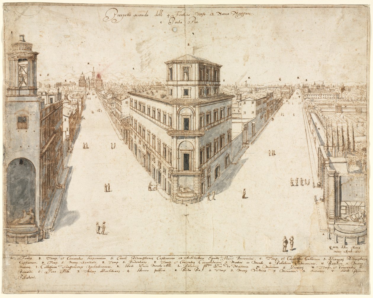 Osiemnaście widoków Rzymu: Quattro Fontane patrząc w stronę Santa Maria Maggiore, 1665. autorstwa Lievin Cruyl