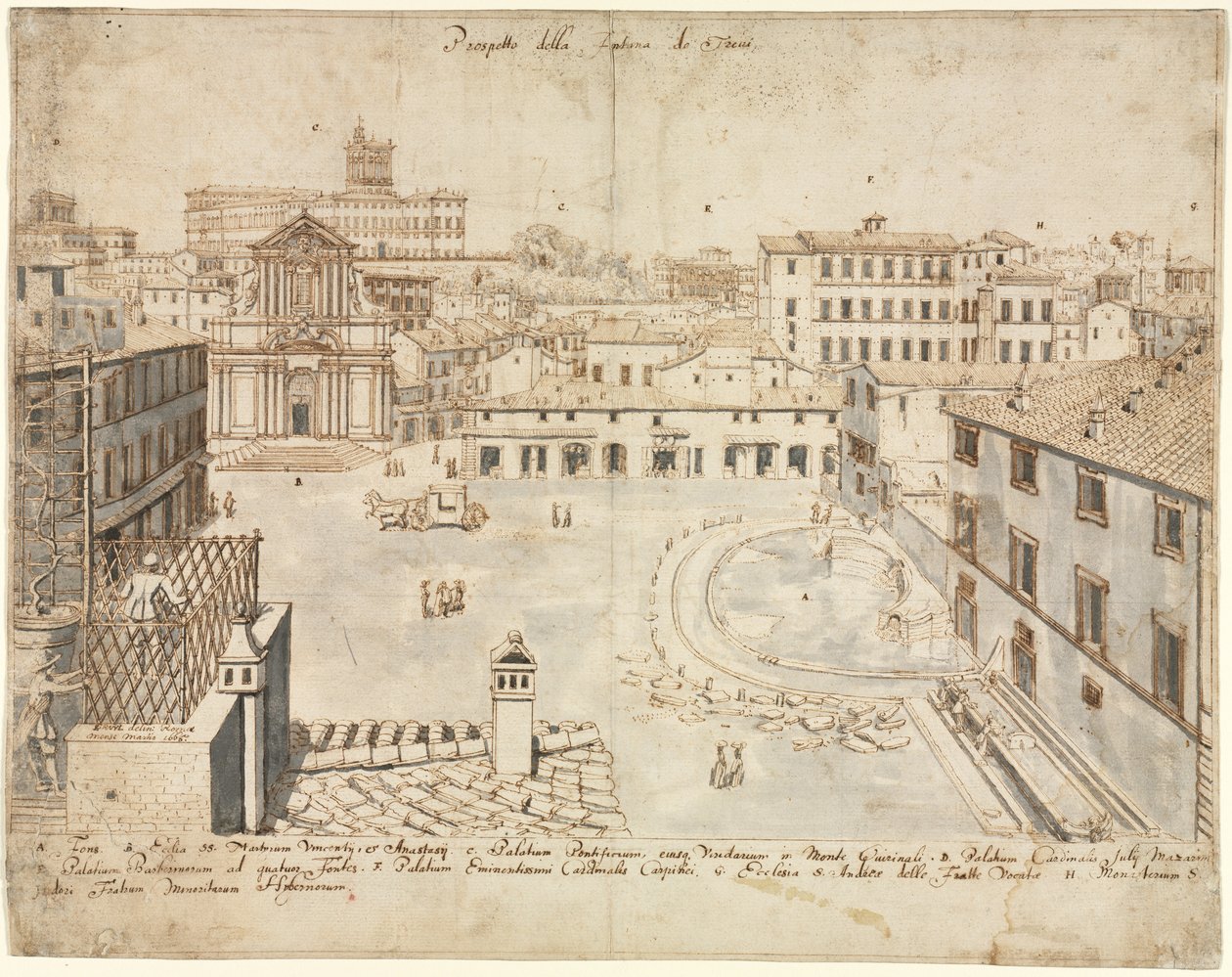 Osiemnaście widoków Rzymu: Fontanna di Trevi, 1665. autorstwa Lievin Cruyl
