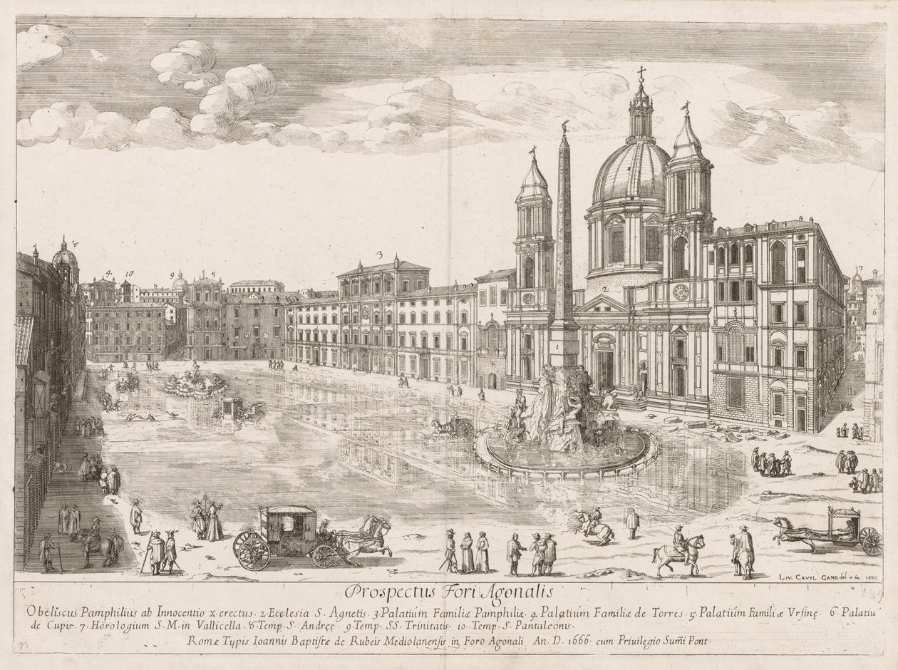 Piazza Navona z Prospektu Lourum Miasta Rzymu, 1666. autorstwa Lievin Cruyl