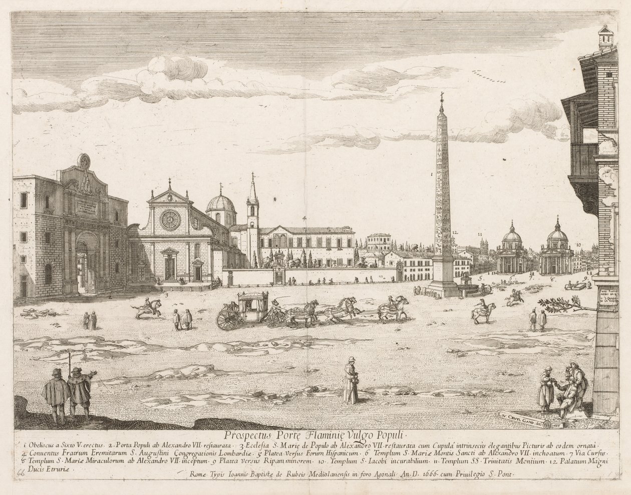 Piazza del Popolo z Prospektu Lourum Miasta Rzymu, 1666. autorstwa Lievin Cruyl
