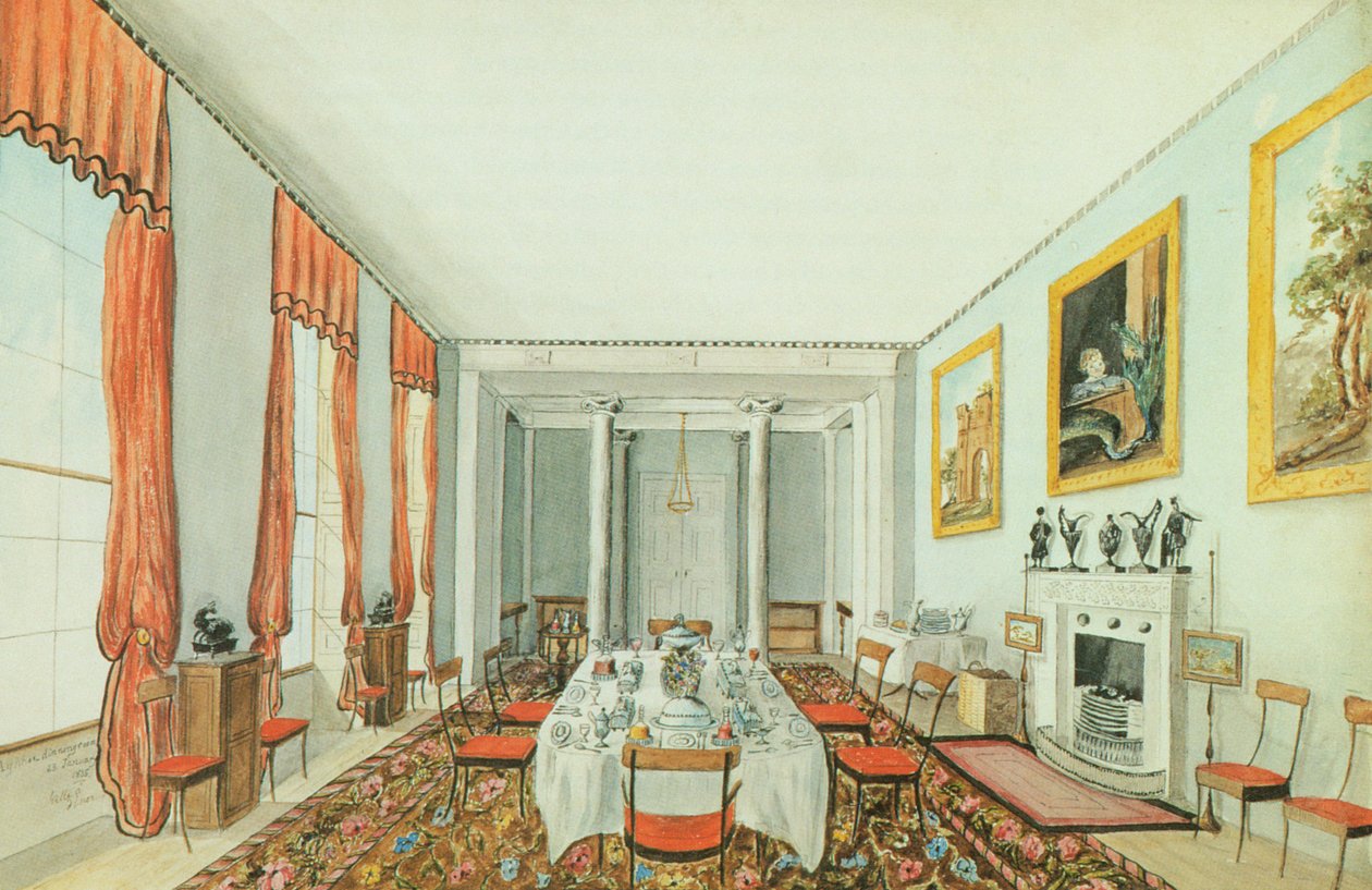 Jadalnia w Aynhoe, 23 stycznia 1835 (akwarela na papierze) autorstwa Lili Cartwright