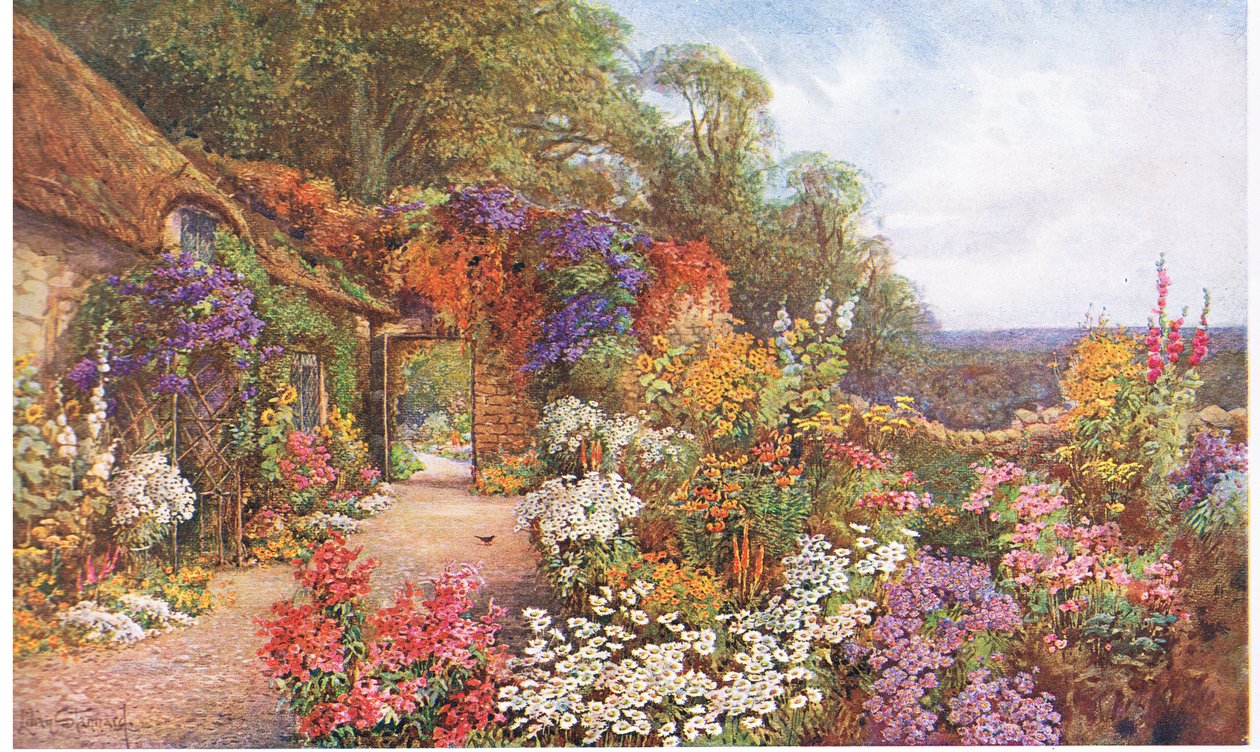 Stary ogród, z książki The Gardens of England: In the Southern and Western Counties wydanej przez The Studio, 1907 autorstwa Lilian Stannard