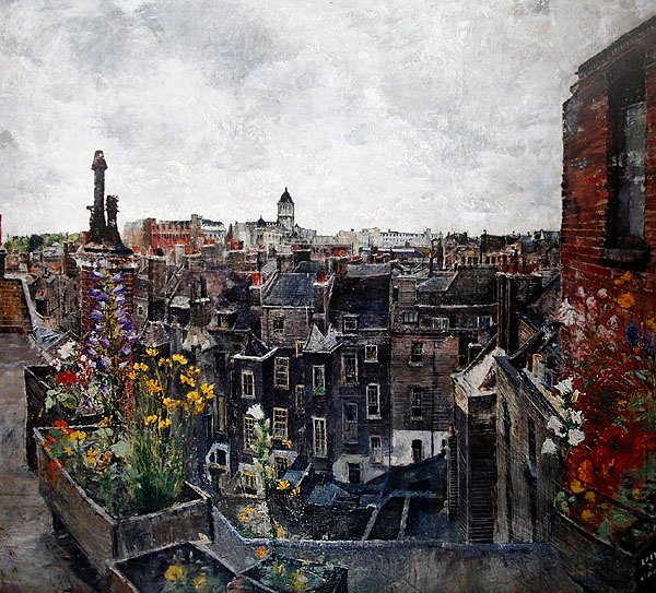 City of London Skies and Flowers (Dachy High Holborn) lata 30. (olej na płótnie) autorstwa Lily Delissa Joseph