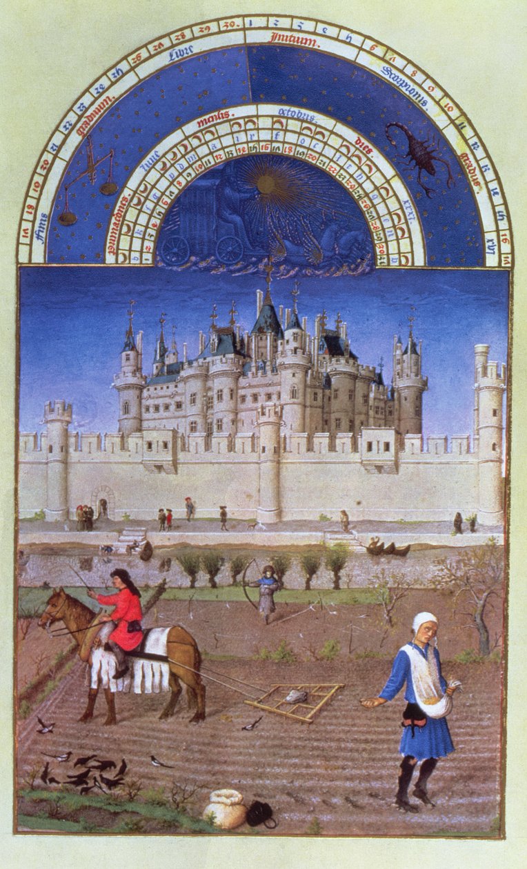Faksymile z października: wysiew zboża ozimego przez braci Limbourg z „Tres Riches Heures du Duc de Berry” autorstwa Limbourg Brothers
