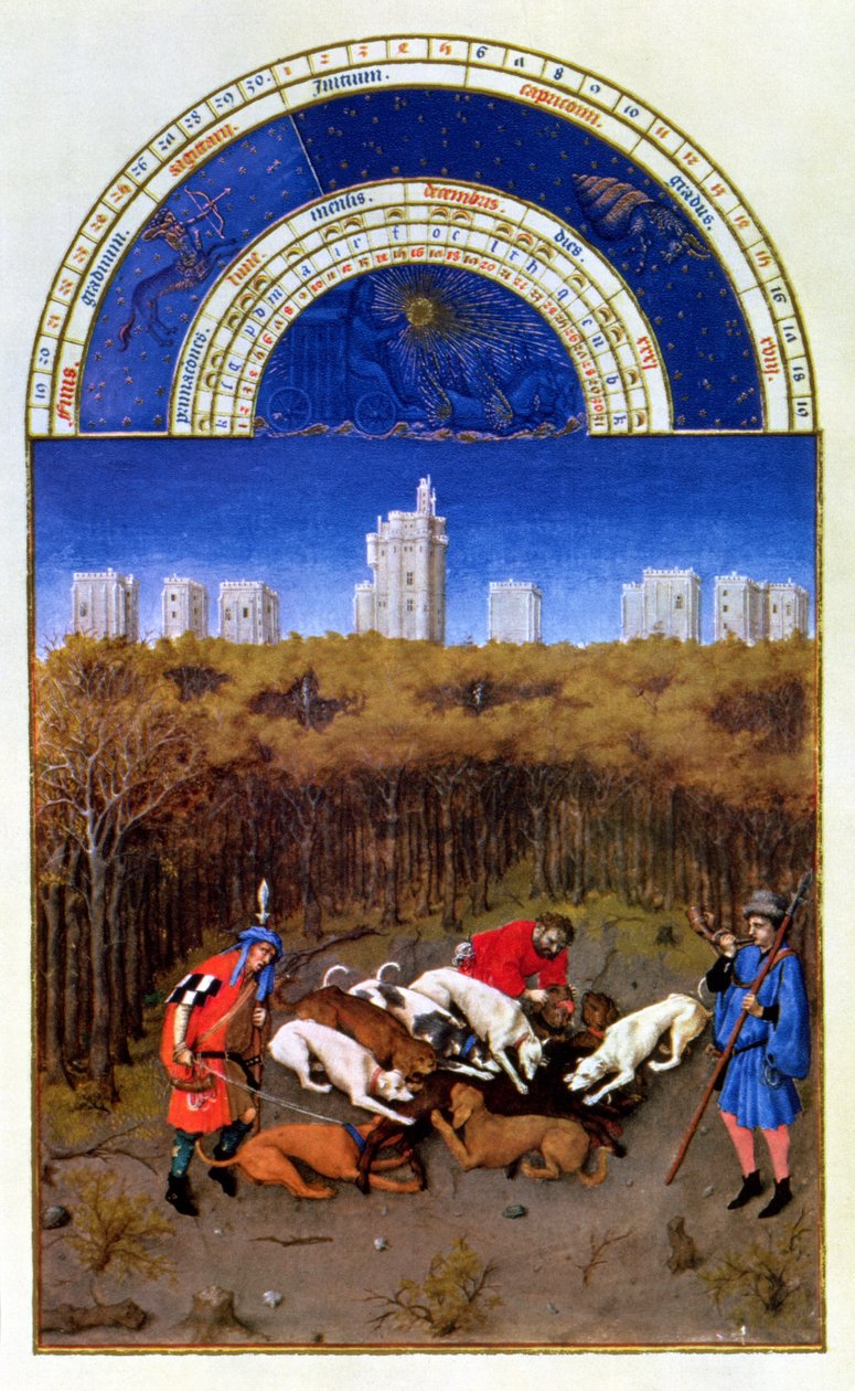 Faksymile z grudnia: polowanie na dzika, skopiowane z „Tres Riches Heures du Duc de Berry” (welum) (oryginał patrz 8444) autorstwa Limbourg Brothers (after)
