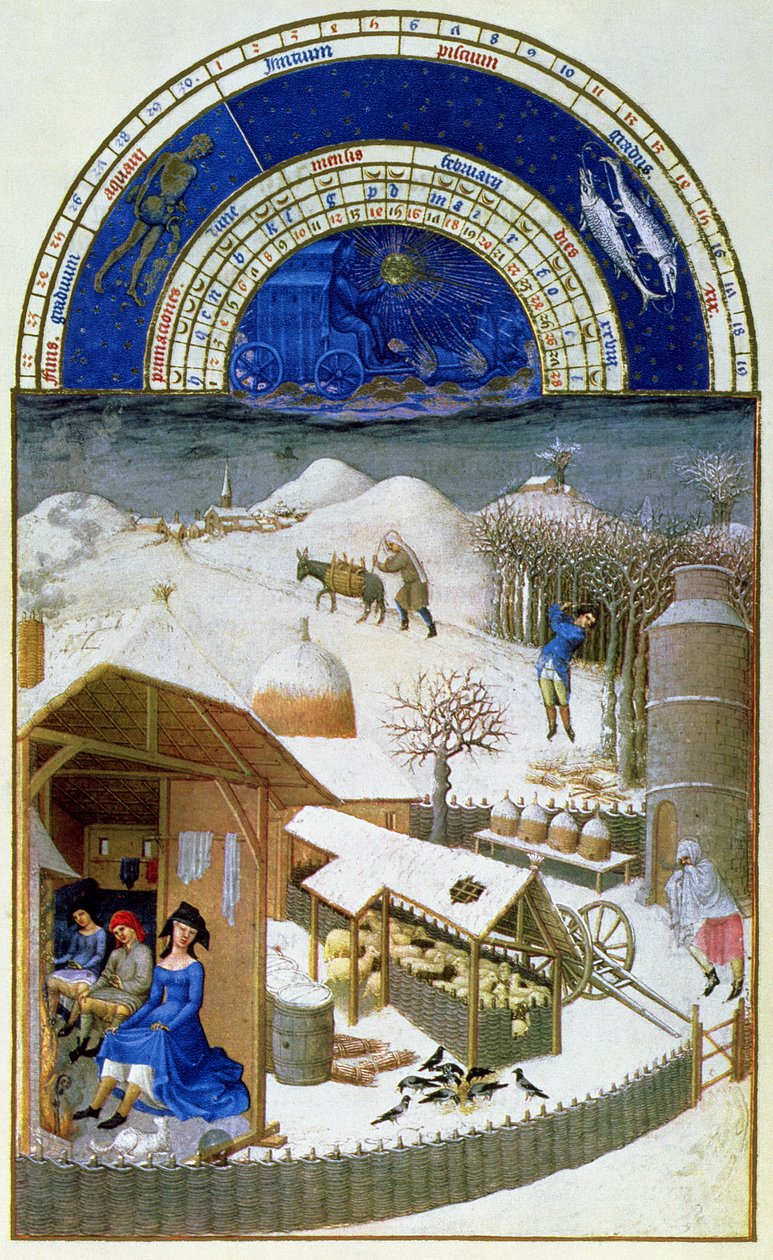 Faksymile z lutego: scena podwórkowa z chłopami, skopiowana z „Tres Riches Heures du Duc de Berry” (oryginał patrz 8434) autorstwa Limbourg Brothers