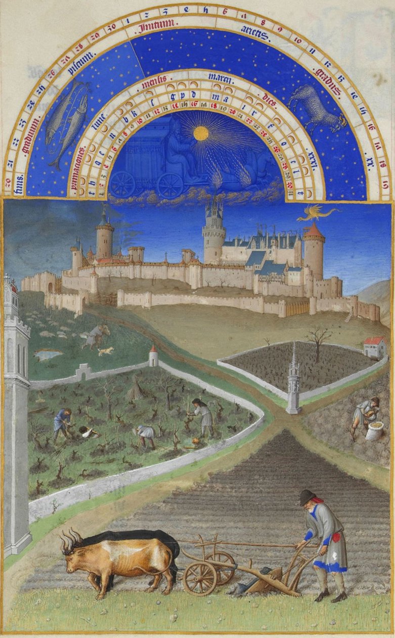 Marzec Bardzo bogate godziny księcia Berry, 1412-1416. autorstwa Limbourg Brothers
