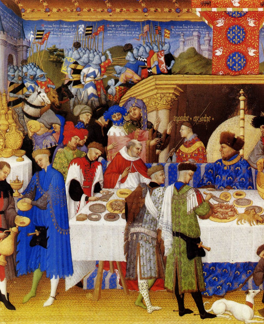 Très Riches Heures du Duc de Berry Folio 1, verso: Styczeń autorstwa Limbourg Brothers