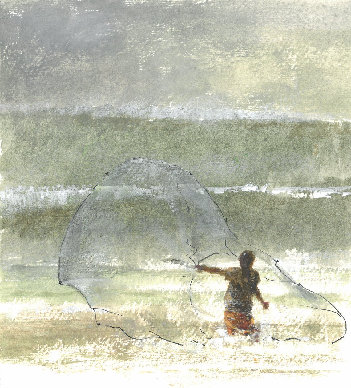 Lone Fisherman 4, 2015 (pióro i atrament z toaletą na papierze) autorstwa Lincoln Seligman