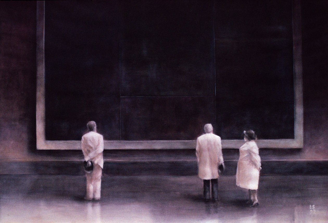 Ludzie na wystawie, 1990 (akryl na papierze) autorstwa Lincoln Seligman