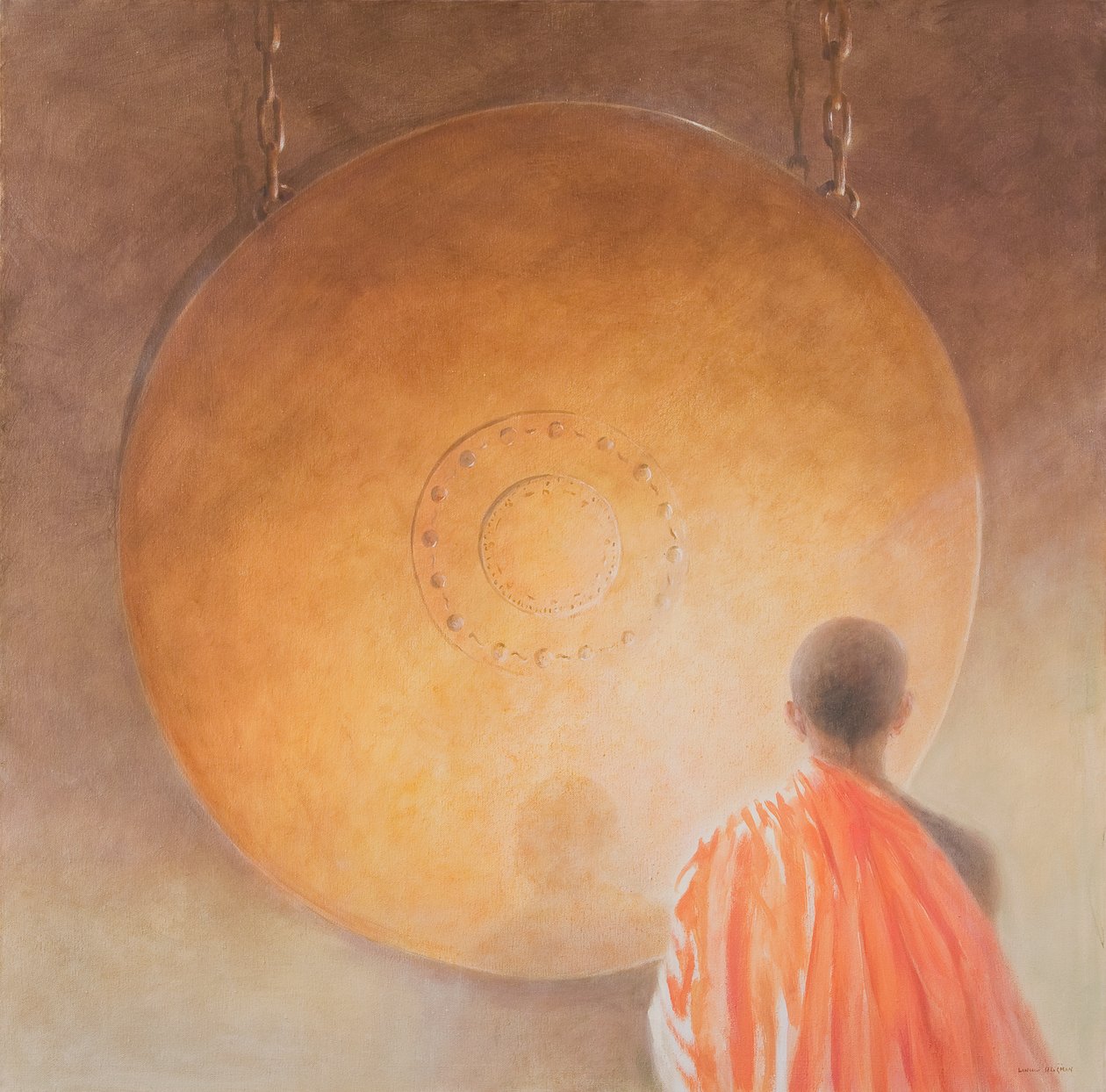 Młody buddyjski mnich i gong, Bhutan, 2010 (akryl na płótnie) autorstwa Lincoln Seligman