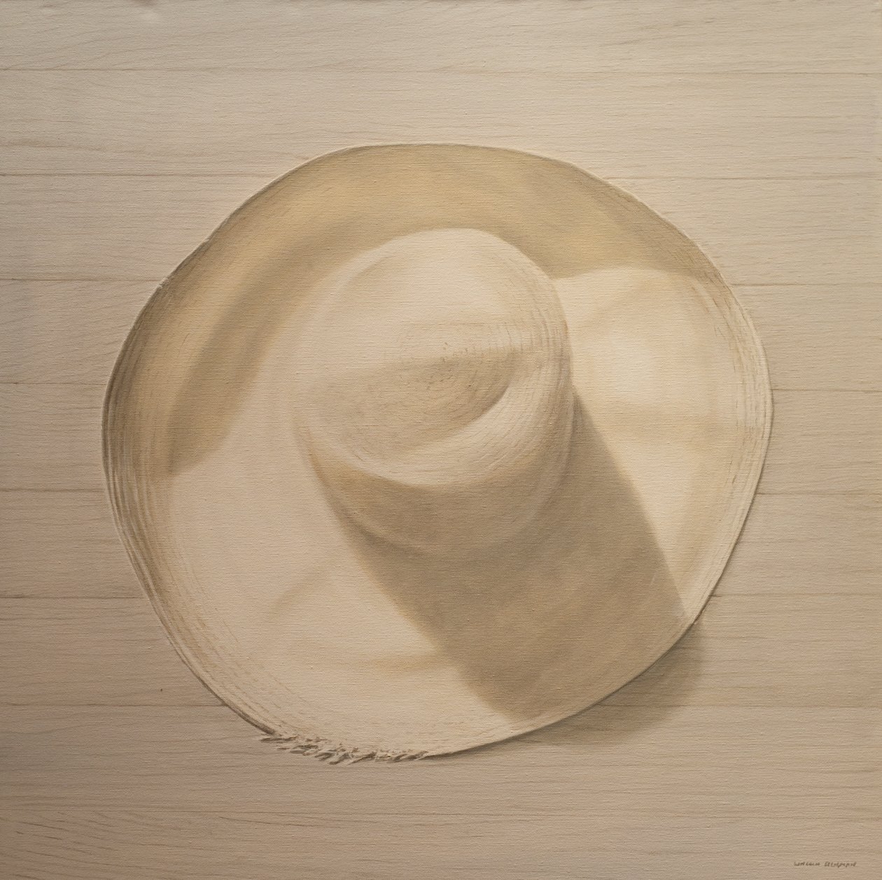 Podróżny kapelusz na zakurzonym stole, 2010 (akryl na płótnie) autorstwa Lincoln Seligman