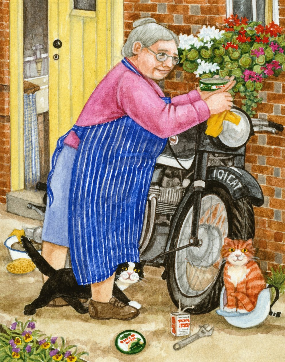 Babcia i 2 koty i motocykl (wc na papierze) autorstwa Linda Benton