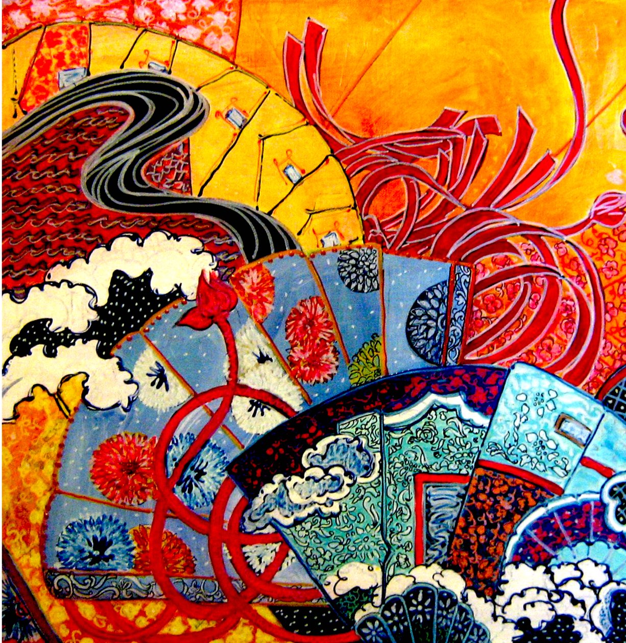 Oriental Fans, 2013 (mieszany, akryl, tusz, olej) autorstwa linda arthurs