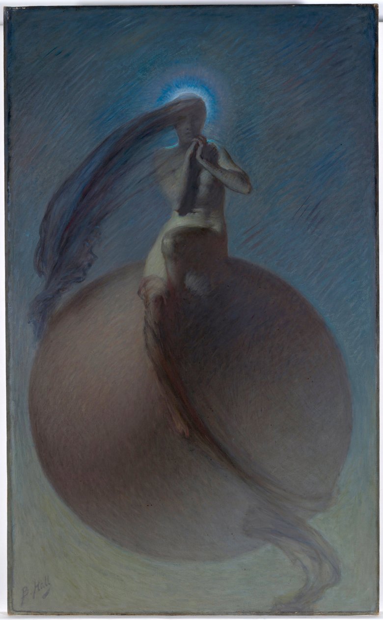 ""La quete"" (Poszukiwanie) Zjawiskowe przedstawienie, kobieca sylwetka umieszczona na globusie - Obraz Lindsay Bernard Hall (1859-1935) ok. 1905 - Olej na płótnie Wymiary 154x94,5 cm National Gallery of Australia, Canberra autorstwa Lindsay Bernard Hall