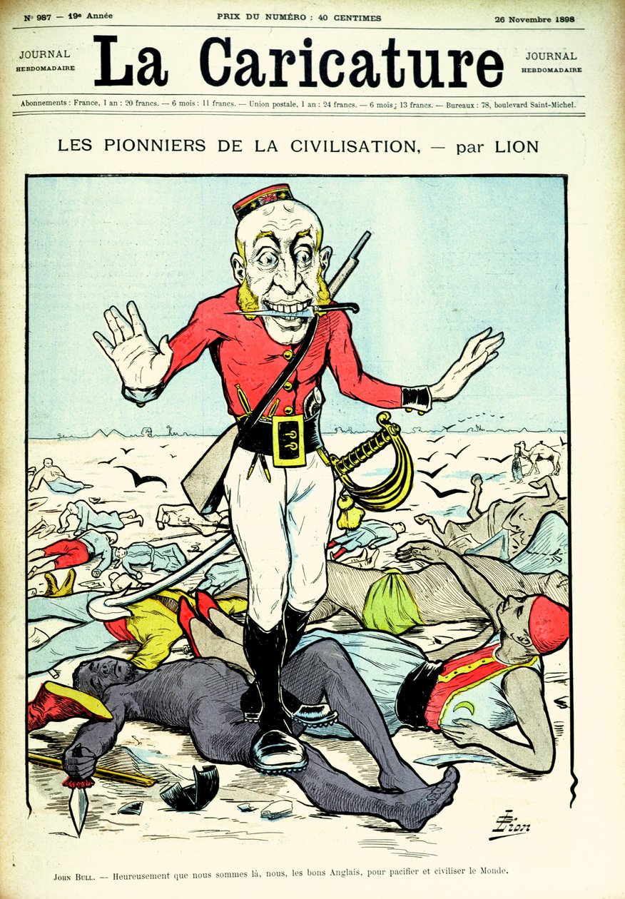 Pionierzy cywilizacji, John Bull niosący światu pokój i cywilizację, okładka magazynu „La Caricature”, 26 listopada 1898 autorstwa Lion
