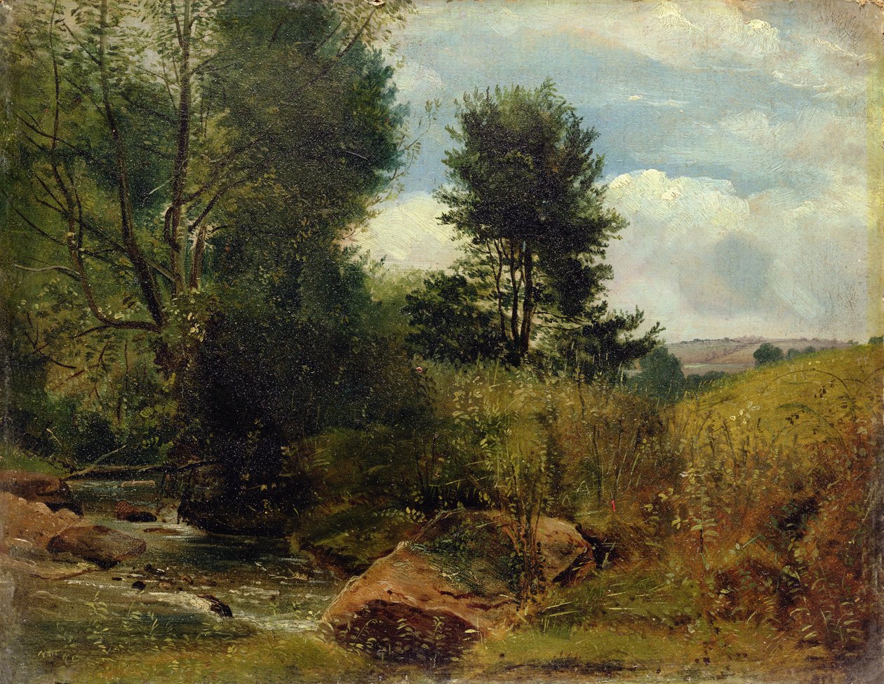 Widok na rzekę Sid, w pobliżu Sidmouth, ok. 1852 (olej na papierze na pokładzie) autorstwa Lionel Constable