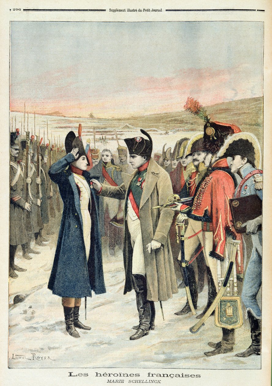 Napoleon Bonaparte (1769-1821) wręcza oficer Marie Schellinck medal na polu bitwy, ilustracja z „Le Petit Journal”, wrzesień 1894 autorstwa Lionel Noel Royer
