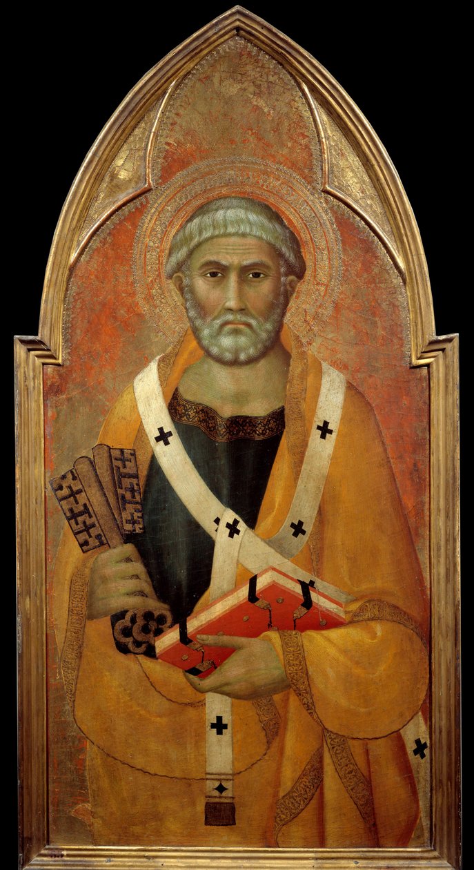 Przedstawienie św. Piotra (San Pietro) Detrempe na drewnie autorstwa Lippo Memmi (znanego w latach 1317-1347) XIV w. Słońce. 0,94x0,44 m - Reprezentacja św. Piotra (San Pietro). Tempera na drewnie autorstwa Lippo Memmi (znana od 1317 do 1347) autorstwa Lippo Memmi
