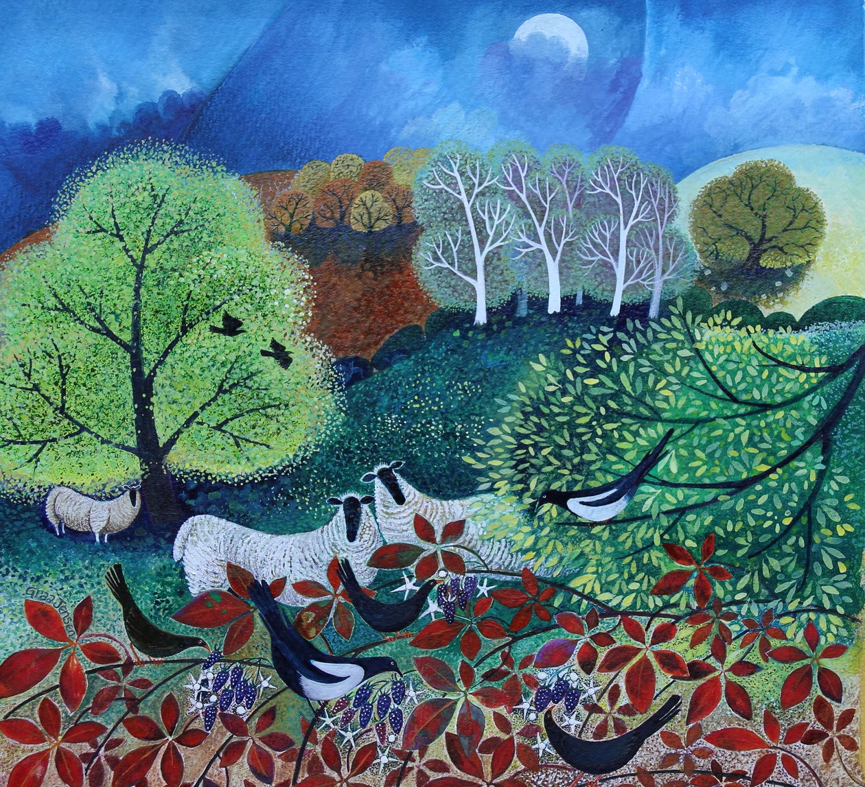 Fruit Peckers, 2021 (akryl na papierze) autorstwa Lisa Graa Jensen