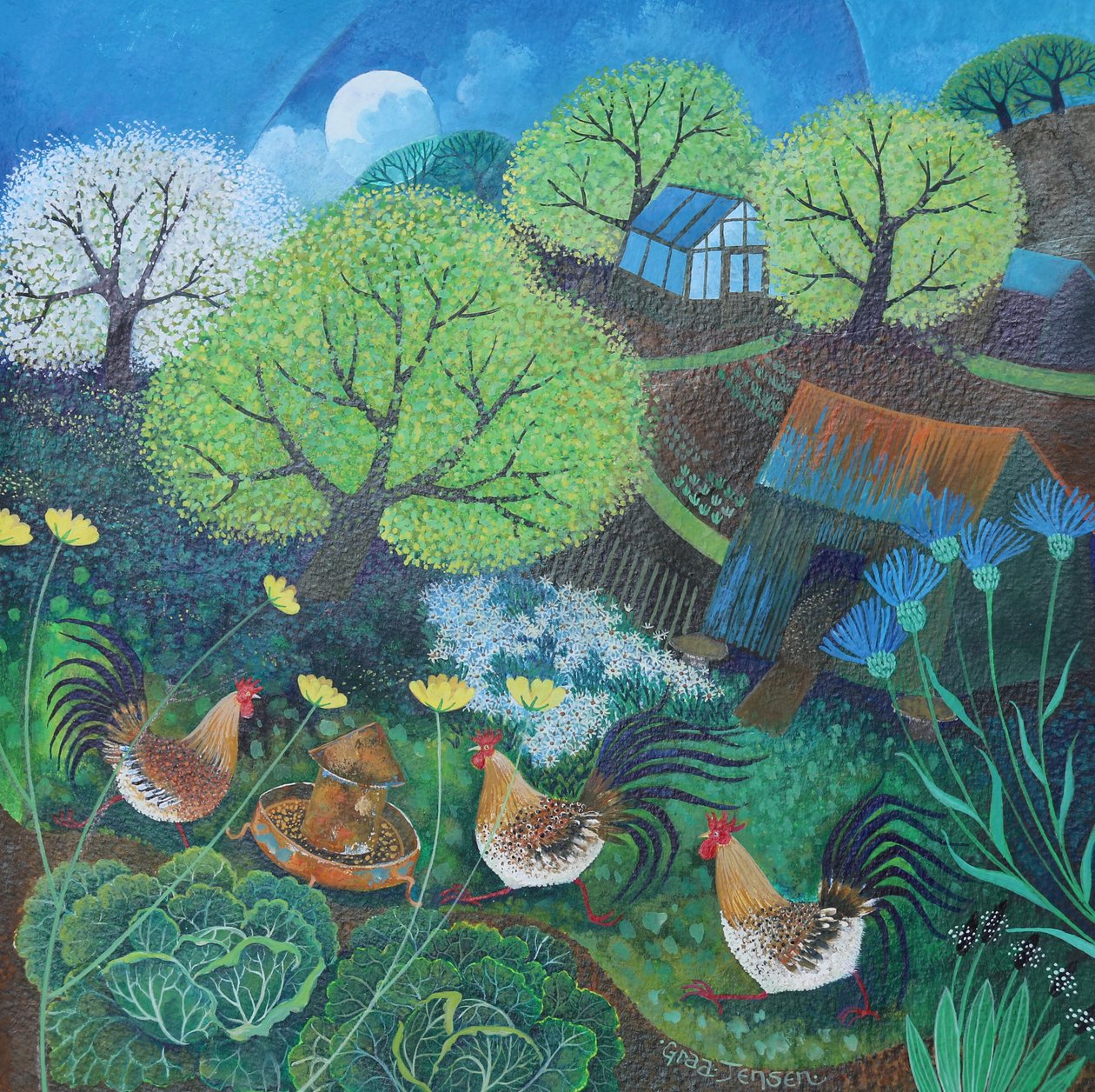 Happy hens, 2016, (farby akrylowe na papierze) autorstwa Lisa Graa Jensen